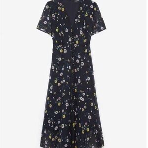 The Kooples Maxi Dress Size 2 Black Floral Short Sleeve V-Neck Lined Feminine